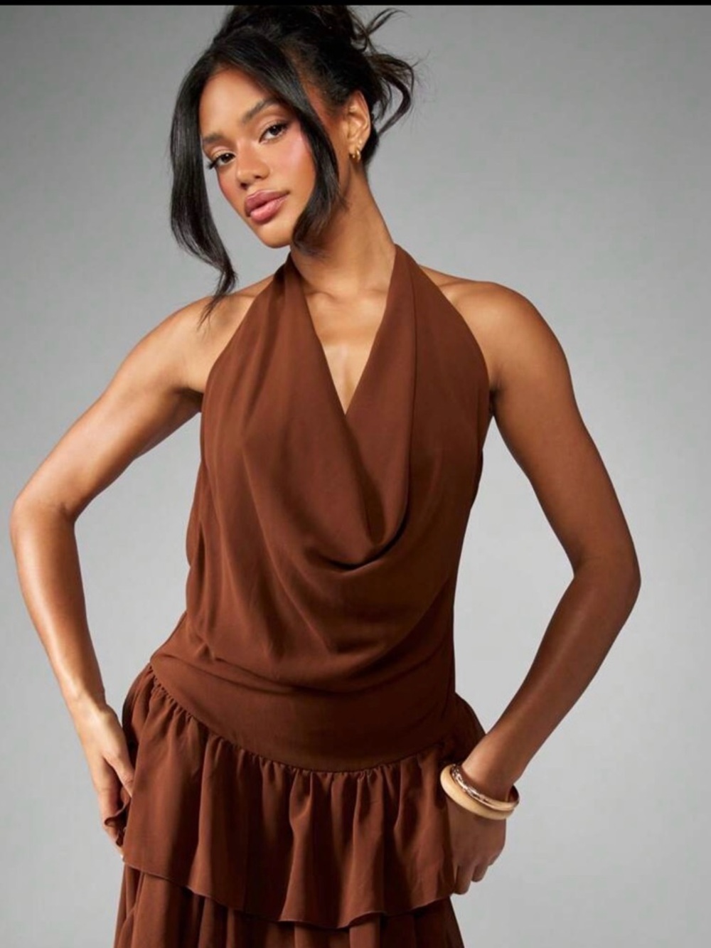 Brown High-Low Ruffle Halter Dress - Picture 5 of 6